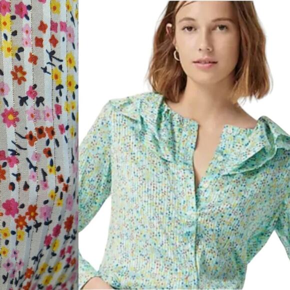 NWT J Crew Ruffle Top Pink Red Shimmer Floral Spring Easter Blouse Small - Picture 1 of 12